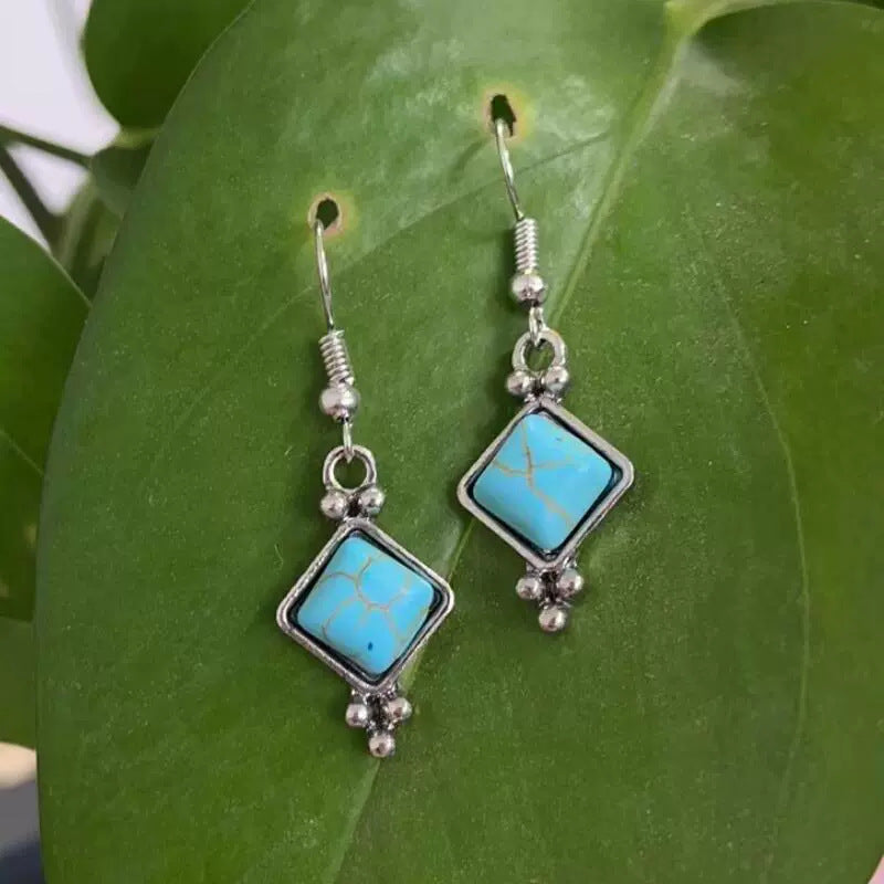 Wholesale Lucky Bag-Shaped Silver Edge Rhombus Blue Turquoise Alloy Earrings