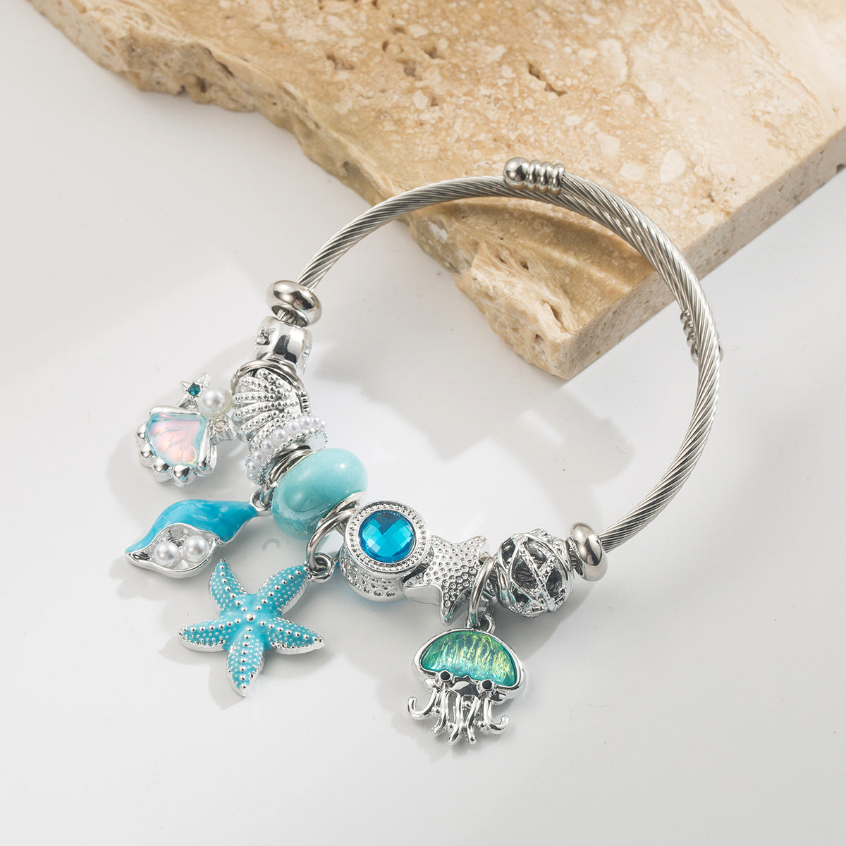 Wholesale Trendy Blue Ocean Themed Stainless Steel Bracelet With Zircon Starfish Pearl Jellyfish Pendants Adjustable Bangle Jewelry Accessory