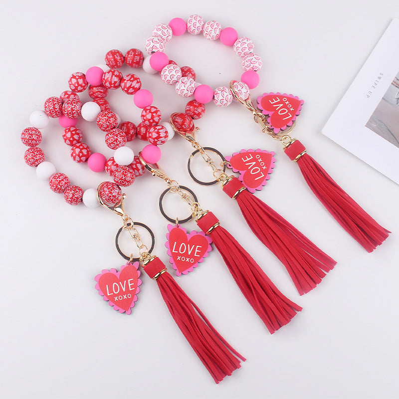 Wholesale Leather PU Tassel Valentine's Day Wooden Beaded Bracelet Keychain