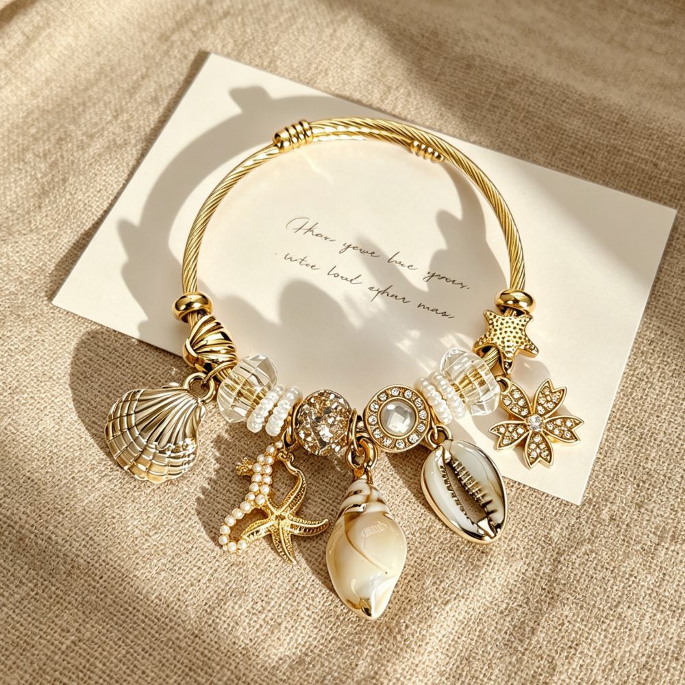 Wholesale Beach Style Stainless Steel Gold Shell Starfish Bracelet For Women Summer Vacation Jewelry Gift