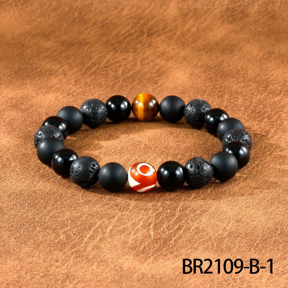 Wholesale Men' s semi-precious stone wolf head bracelet frosted black agate elastic bracelet