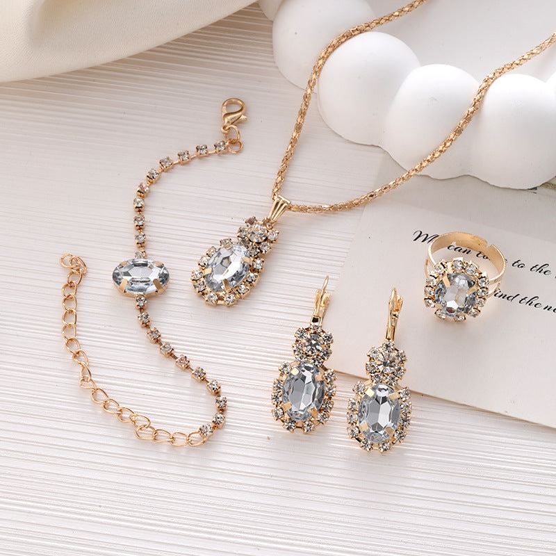 Wholesale Diamond Teardrop Oval Necklace Ring Bracelet Earrings Four-piece Sets ACC-NE-ChaoKai014