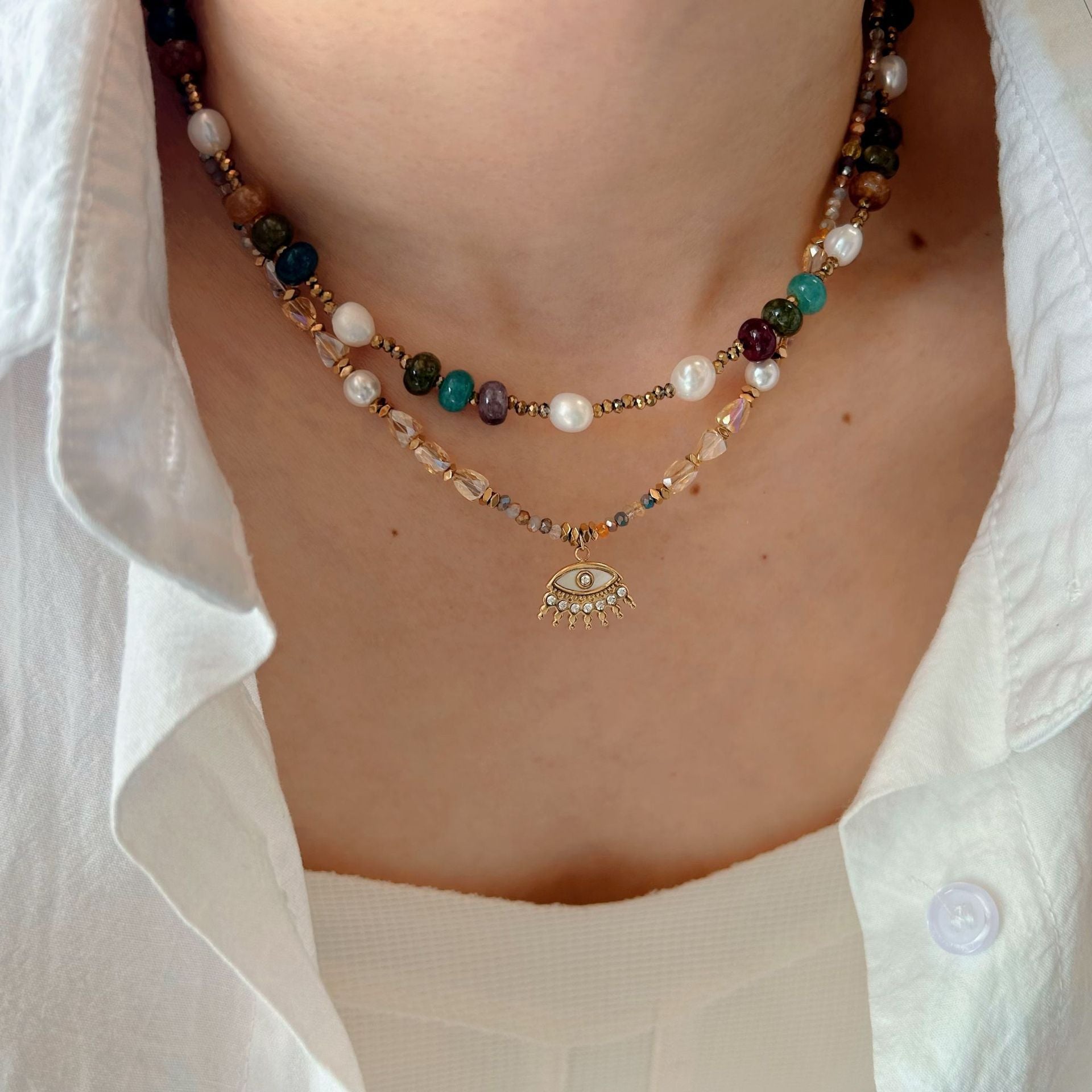 Wholesale Stainless Steel Colorful Natural Stone Beaded Necklace Diamond Devil's Eye  Necklace