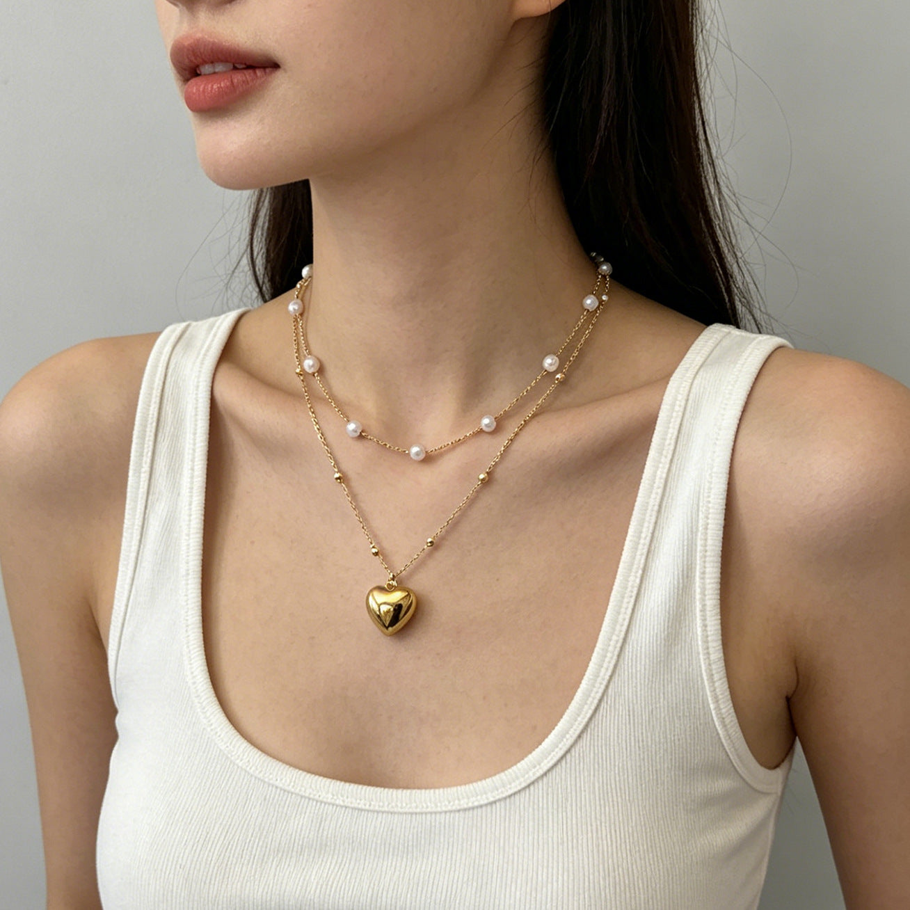 Wholesale Alloy Multi-Layer Pearl Necklace Heart Pendant Gold Color Fashion Layering Jewelry for Women Party Gift