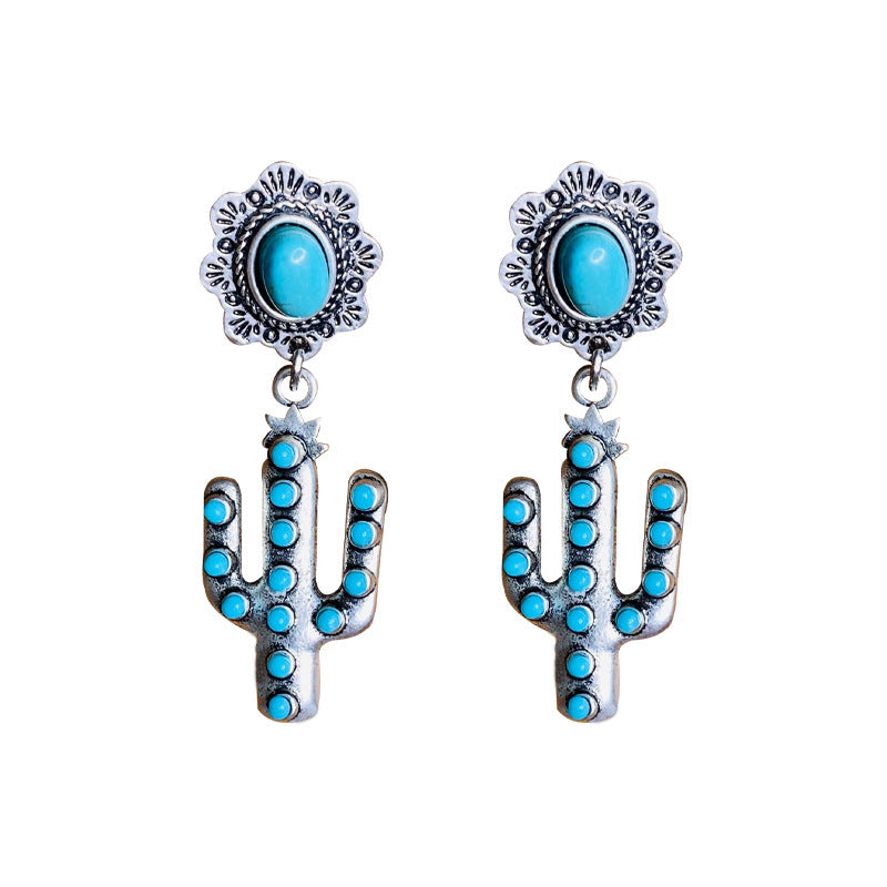 Wholesale Alloy Electroplated Retro Geometric Turquoise Earrings - Cactus Design Fashion Accessory