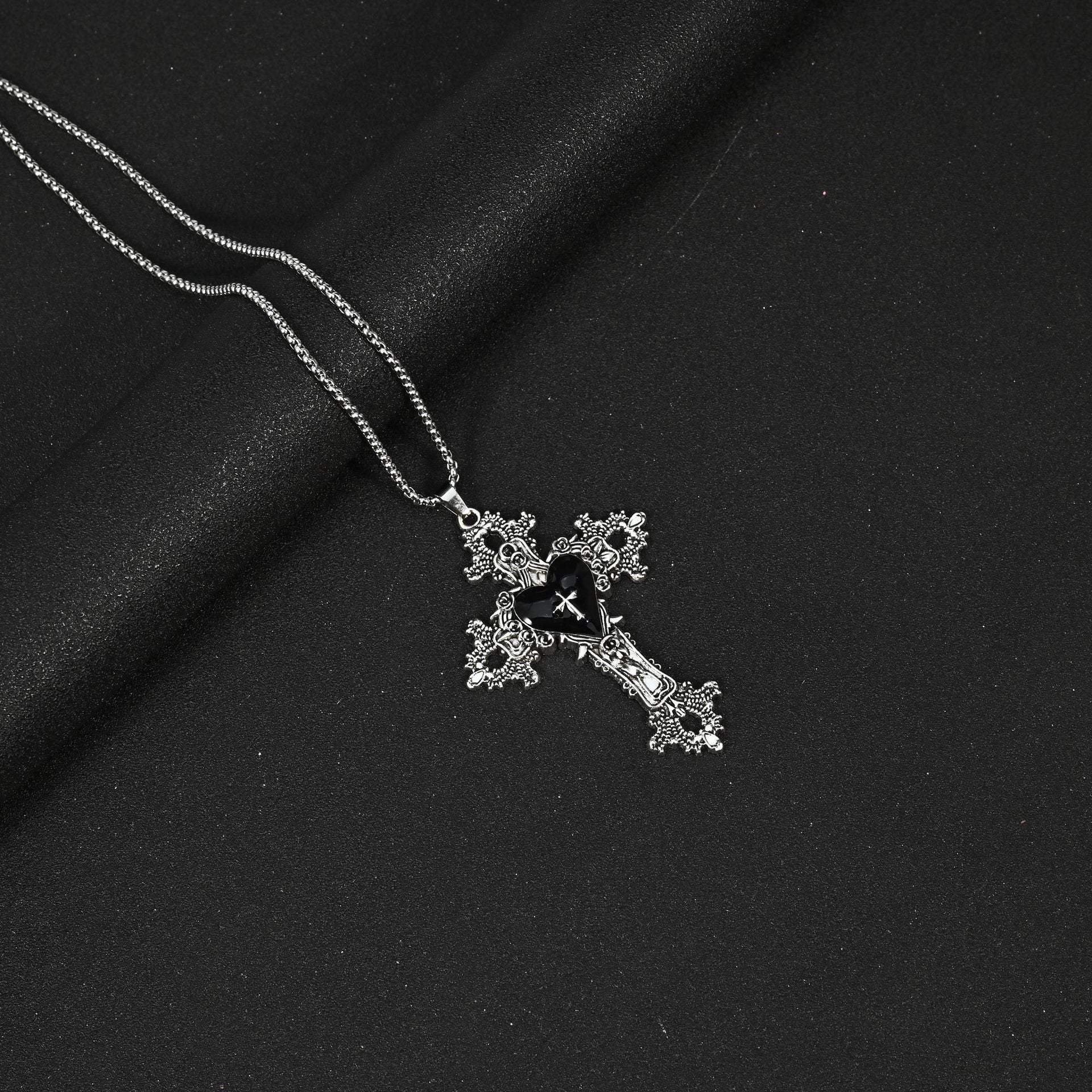 Wholesale Gothic Vampire Punk Rock Cross Pendant Necklace Pink Enamel Finish Stainless Steel And Zinc Alloy Square Pearl Chain Jewelry Accessory For Boutique Resale