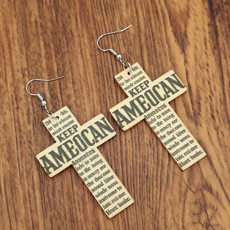 Wholesale Wooden Letter Printed Cross Earrings