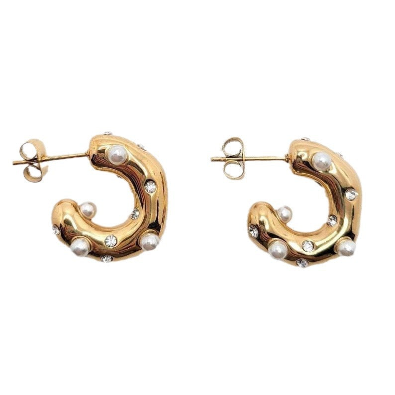 Wholesale  special-shaped hammered zircon inlaid Pearl C- shaped earrings