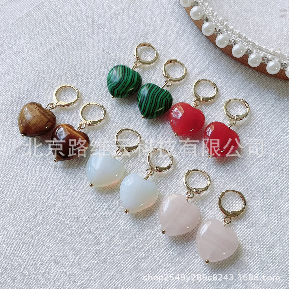 Wholesale 14K gold-wrapped lovely  red agate Crystal semi-precious stone peach heart-shaped earring