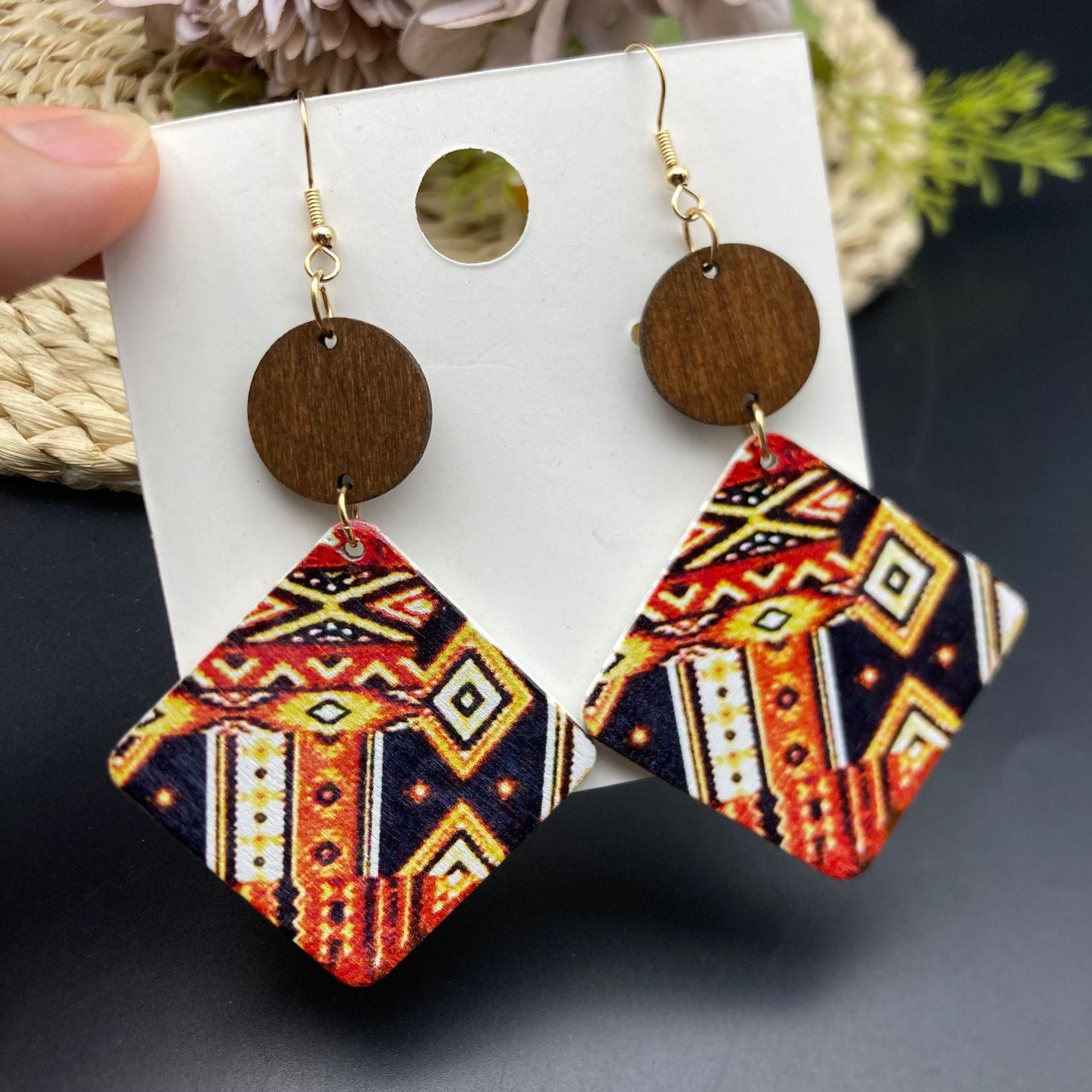 Wholesale Ethnic Style Exaggerated Geometric Wood Earrings ACC-ES-FX073