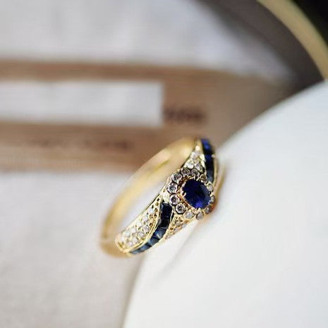 Wholesale 18K Gold Plated Alloy Ring with Blue Sapphire and Zircon for Women