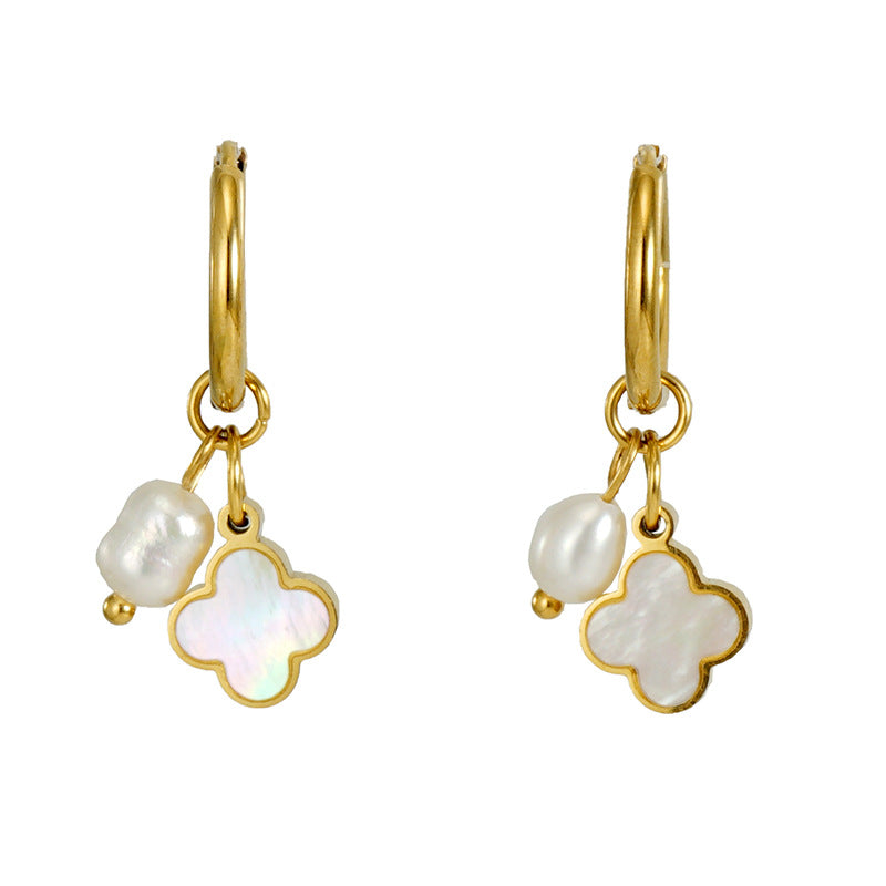Wholesale Stainless steel man-made pearl flower earrings
