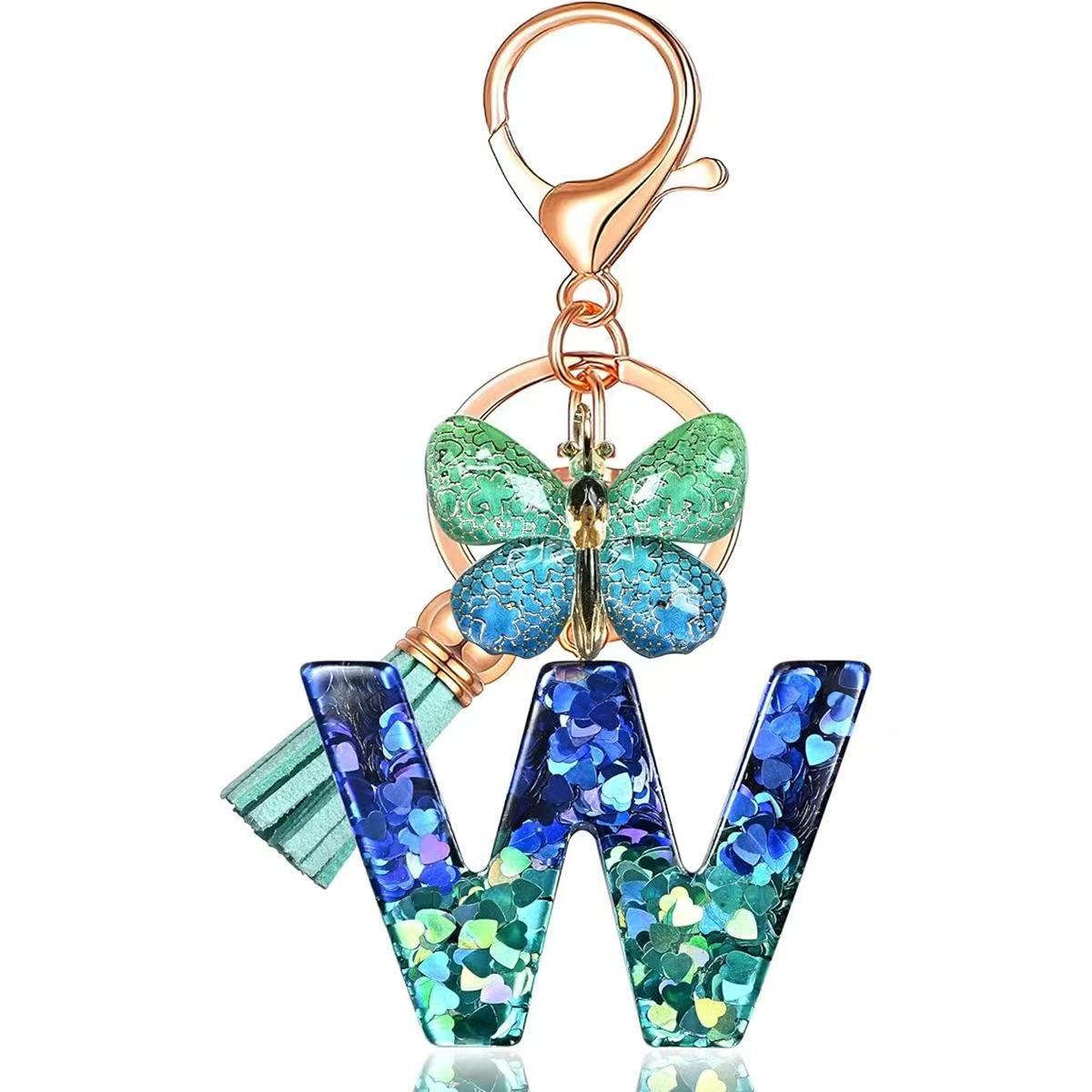 Wholesale Resin Alphabet Keychain With Butterfly Tassel Blue Gradient Vacation Style Fashion Accessory For Bags And Keys