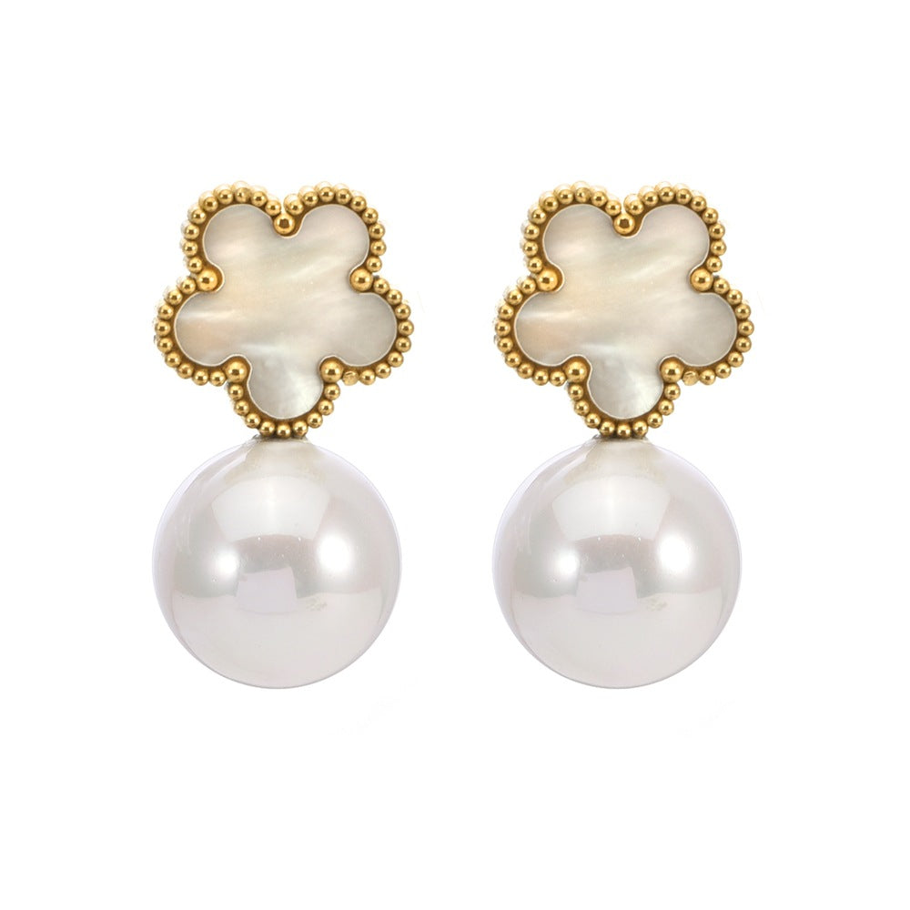 Wholesale Titanium Steel Five Leaf Flower Shell Earrings ACC-ES-QianHui004