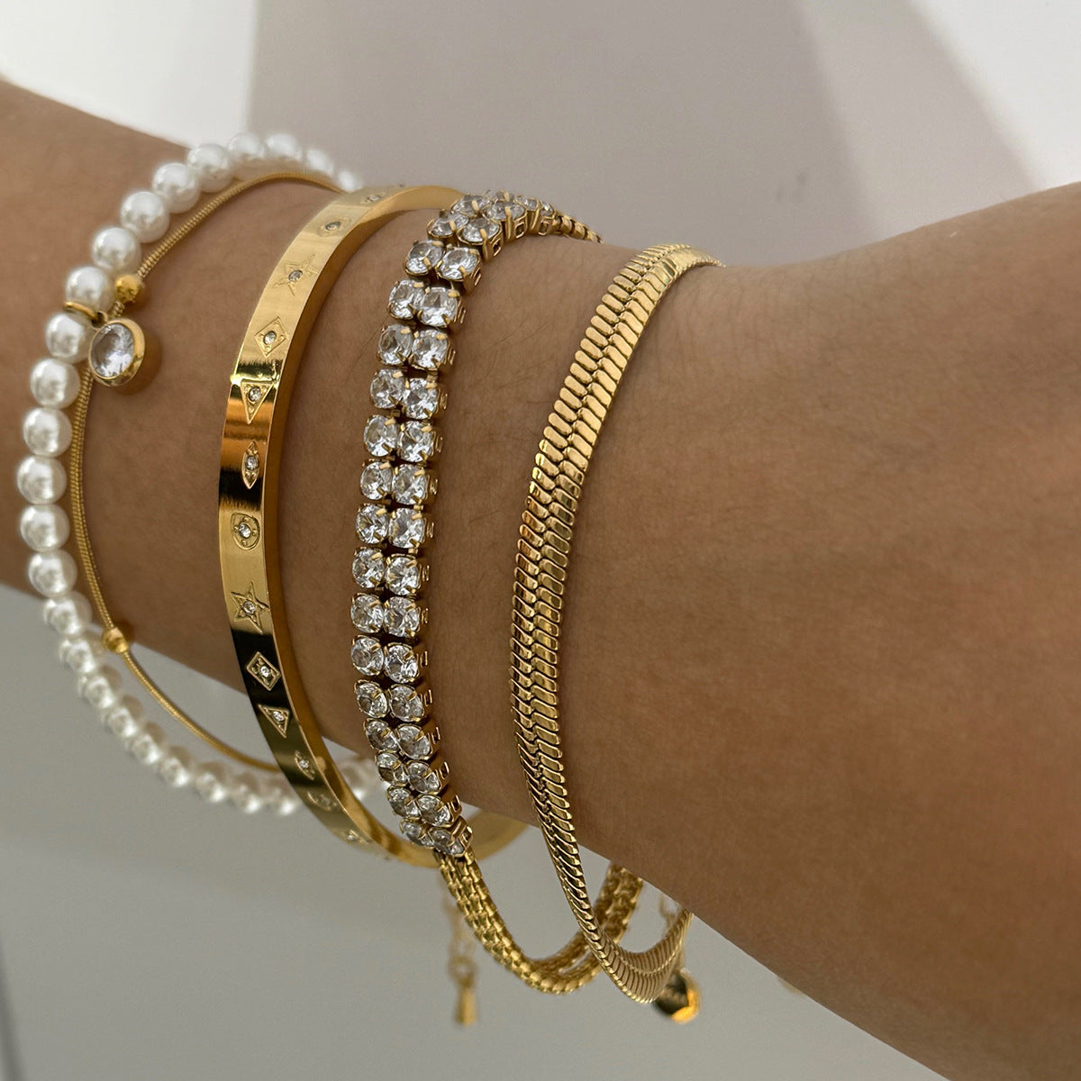 Wholesale Pearl Zircon Bracelet suit Stainless Steel Stowable Double-layer Bracelet