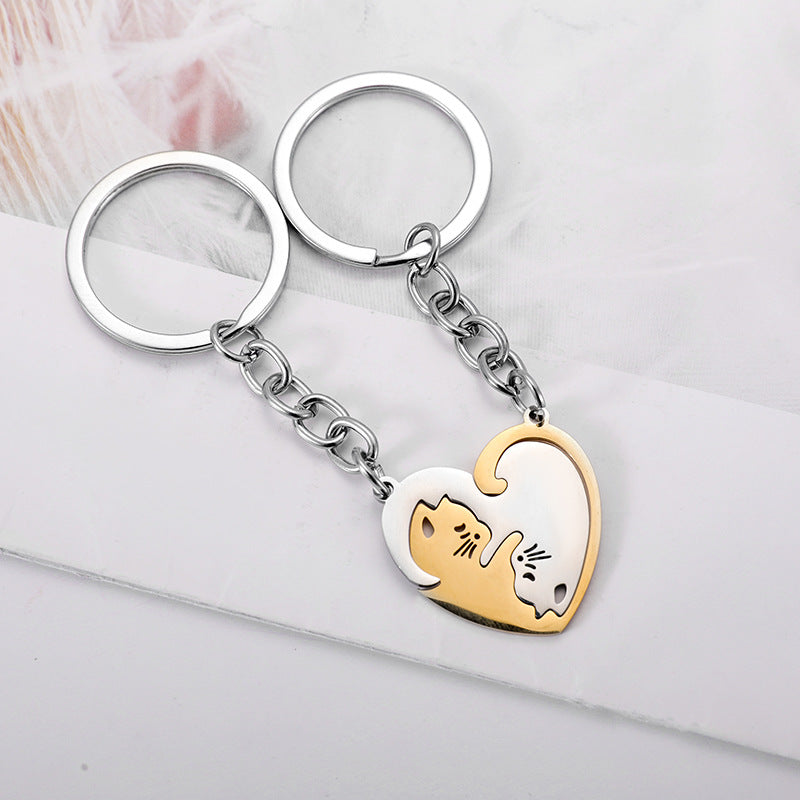 Wholesale Black and White Love Cat Stainless Steel Keychains ACC-KC-JinZhu019