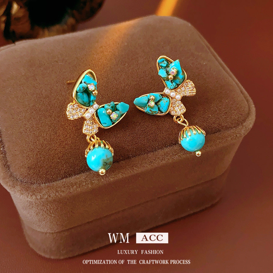 Wholesale Gold Plated Turquoise Butterfly Earrings Vintage Ethnic Style Fashion Accessory
