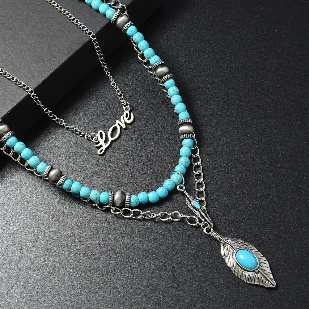Wholesale Vintage Turquoise Beaded Layered Necklace Women Bohemian Multi Strand Pendant Jewelry Gift