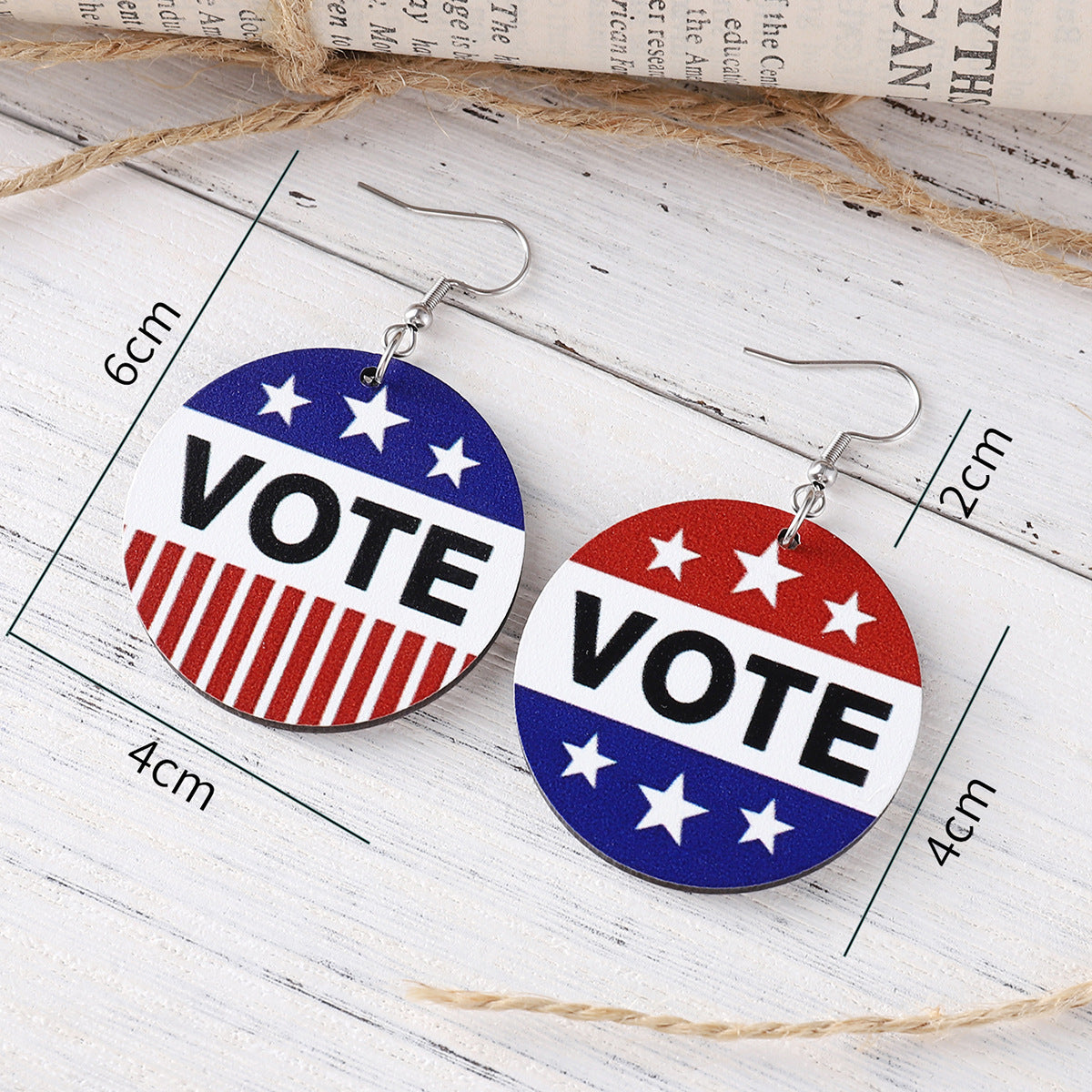 Wholesale Striped Star VOTE Round Wood Double-sided Earrings ACC-ES-ChuLian079