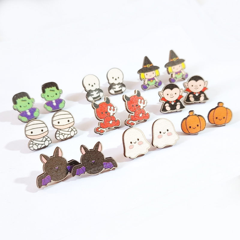 Wholesale Halloween Earrings Demon Bat Witch Hat Bat Coffin Pumpkin Ghost Wooden Earrings ACC-ES-XP027