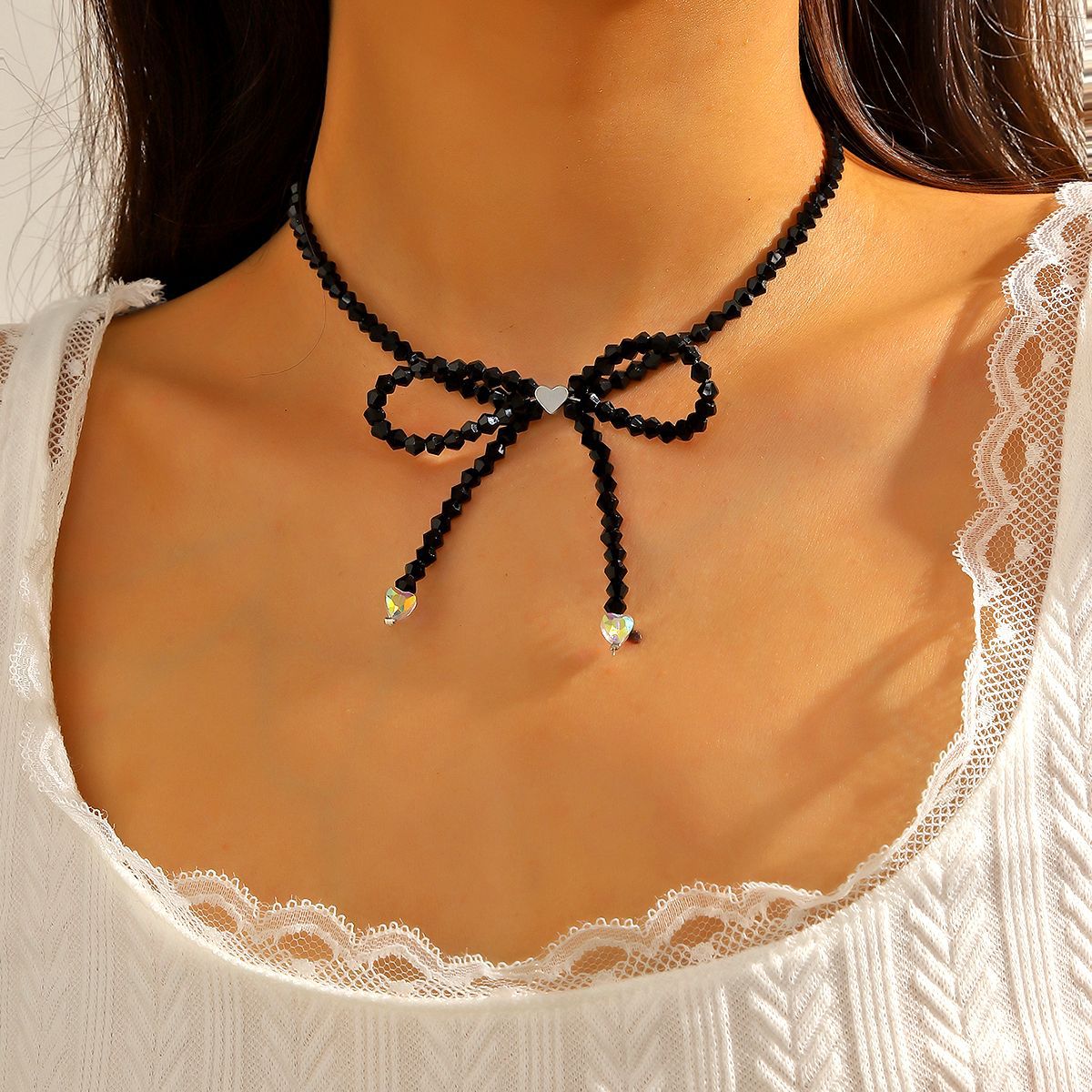 Wholesale Crystal Pearl Ballet Style Beaded Butterfly Knot Necklace