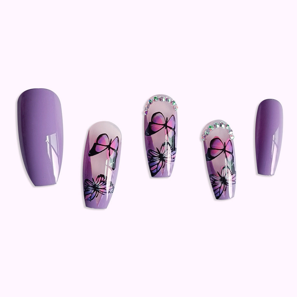 Wholesale 24 Pieces/box Purple Butterfly Manicure Press-on Nails Kits Nail Stickers ACC-NS-SanWei011