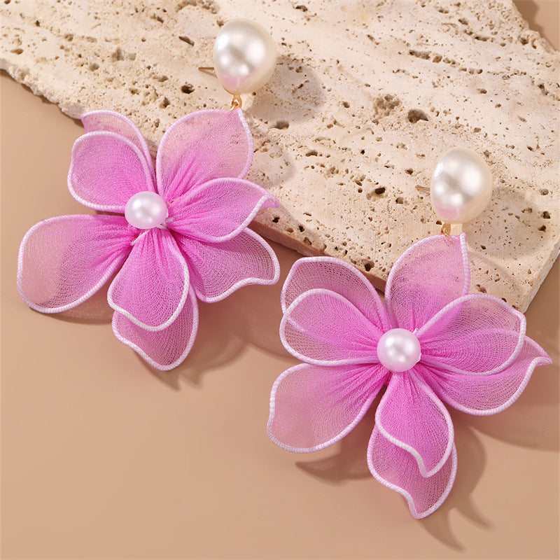 Wholesale Double-layer Silk Screen Flower Three-dimensional Flower  Earrings