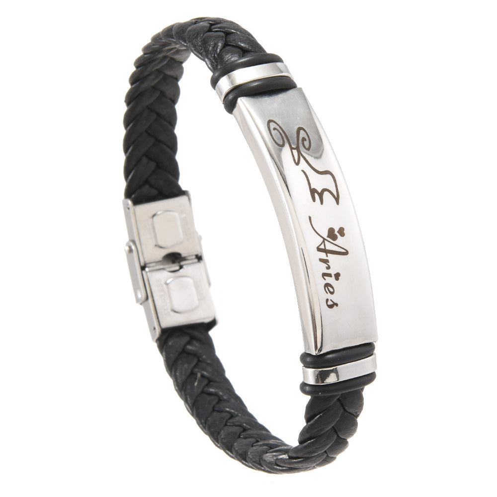 Wholesale  12 Constellation Bracelet Stainless Steel Leather Bracelet Jewelry
