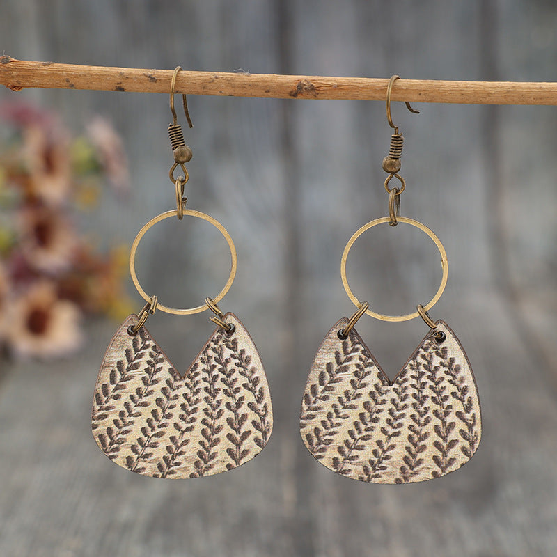 Wholesale  Retro Geometric Wood Chip Spliced Alloy Circle Wooden Earrings