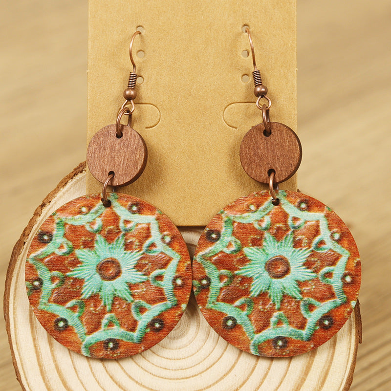 Wholesale  Bohemian Style  Flower Pattern Wooden Disc Splicing Women's Wooden Earrings