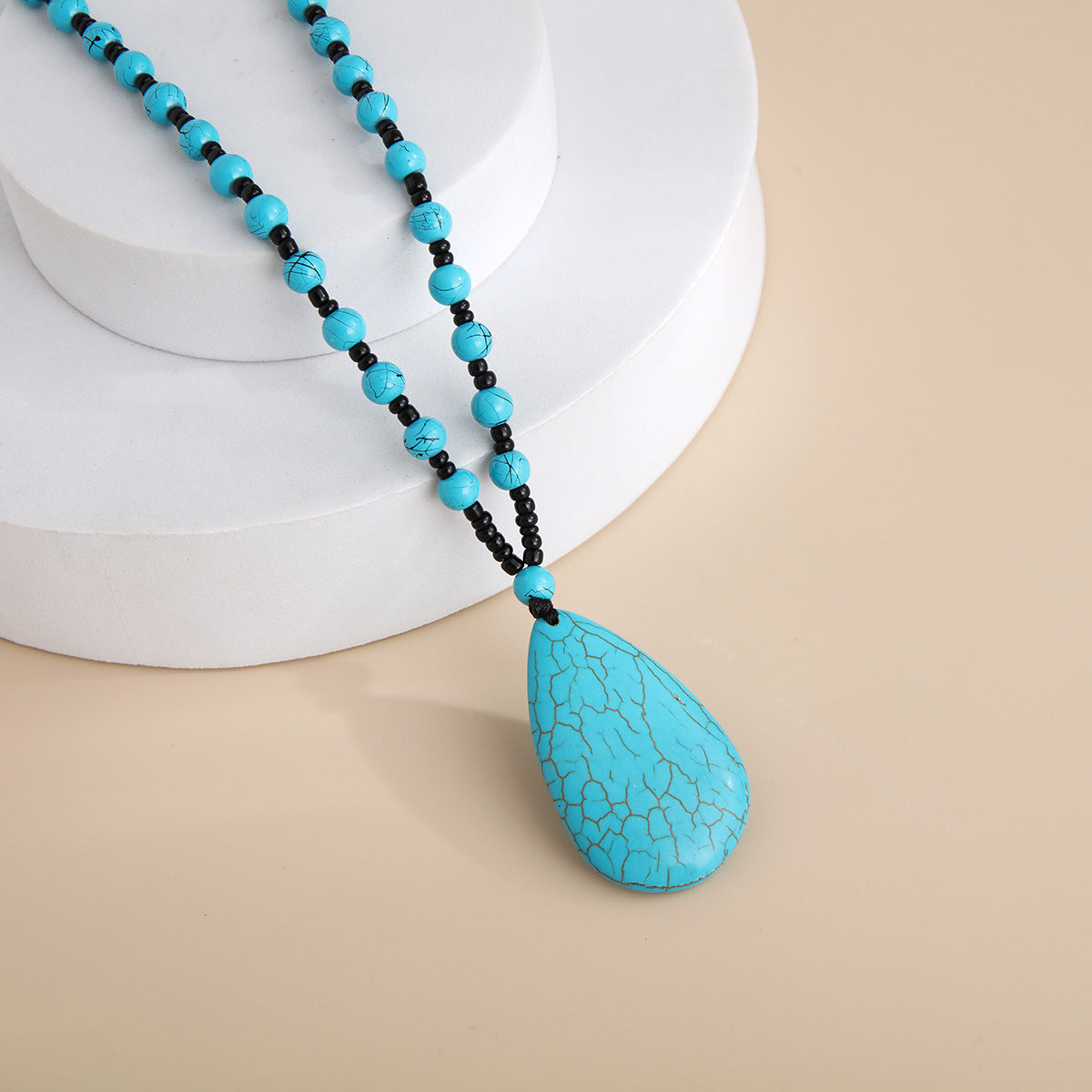 Wholesale Natural Turquoise Beaded Necklace with Water Drop Pendant,  Retro Ethnic Style Fashion Jewelry Accessory for Boutique Resale