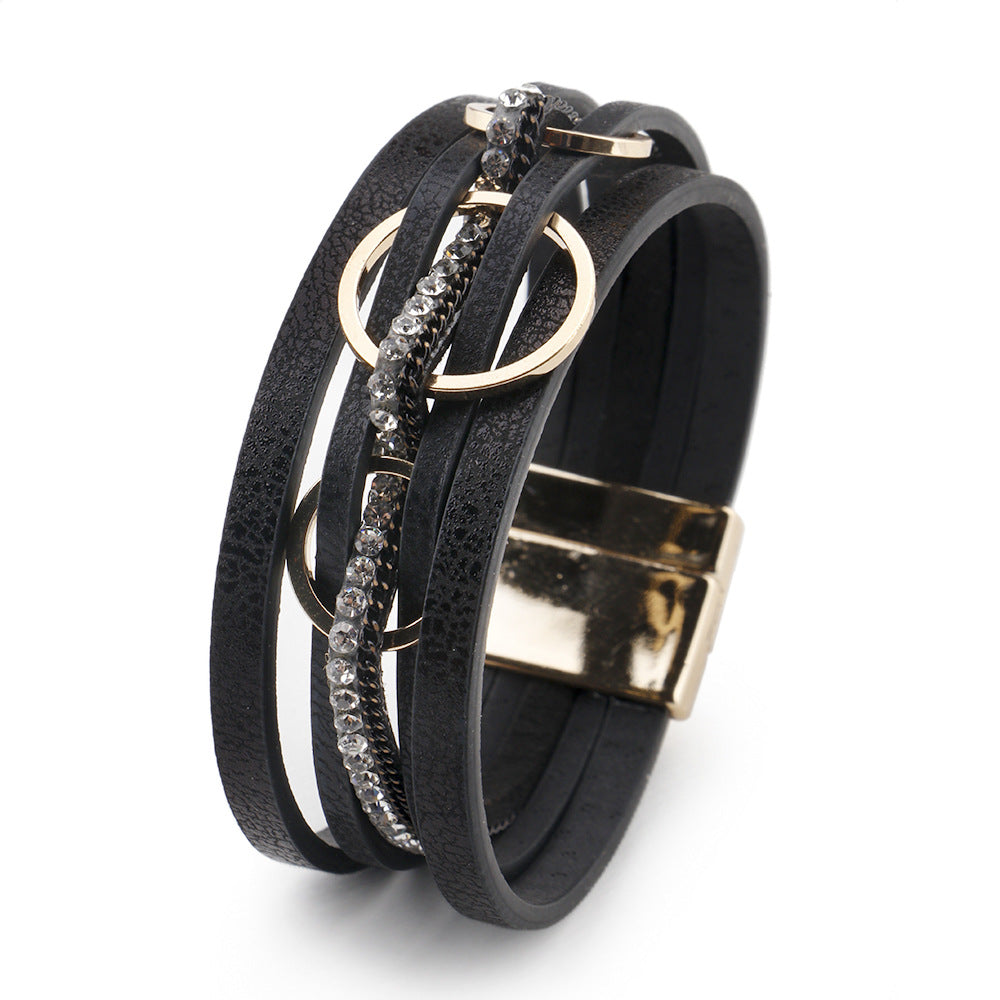 Wholesale Pink PU Leather Women S Layered Bracelet With Magnetic Clasp And Interlocking Rings Stylish Jewelry Accessory For Everyday Wear