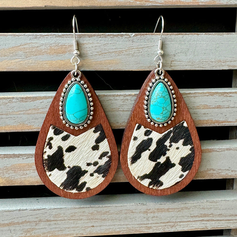 Wholesale Western Style Genuine Leather Leopard Print Embossed Cow Print Droplet Shaped Earrings ACC-ES-XinChuan005