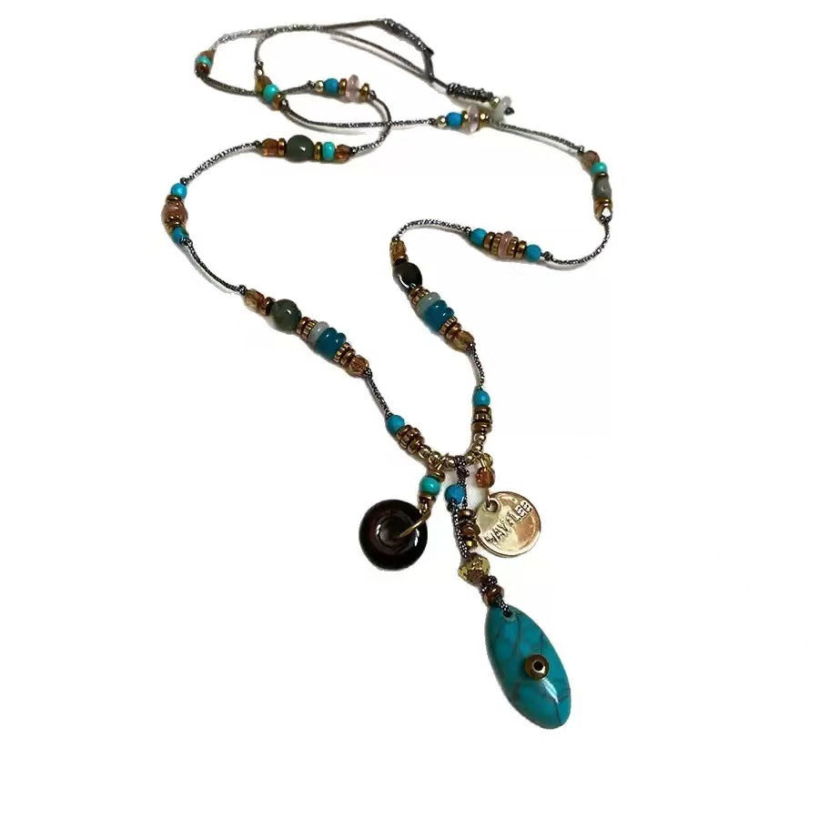 Wholesale Turquoise Beaded Pendant Necklace,  Vintage Chinese-Style Long Ethnic Sweater Chain,  Boutique Resale Jewelry