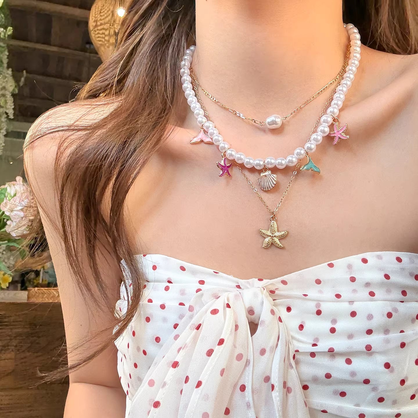 Wholesale Capri Walk Gold Multi-Layer Shell Bead Necklace Beach Vacation Accessory