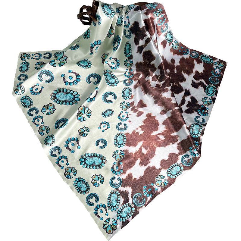 Wholesale Square Scarf Western Style Retro Printed Cow Pattern Turquoise Scarf