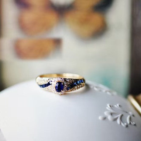 Wholesale 18K Gold Plated Alloy Ring with Blue Sapphire and Zircon for Women