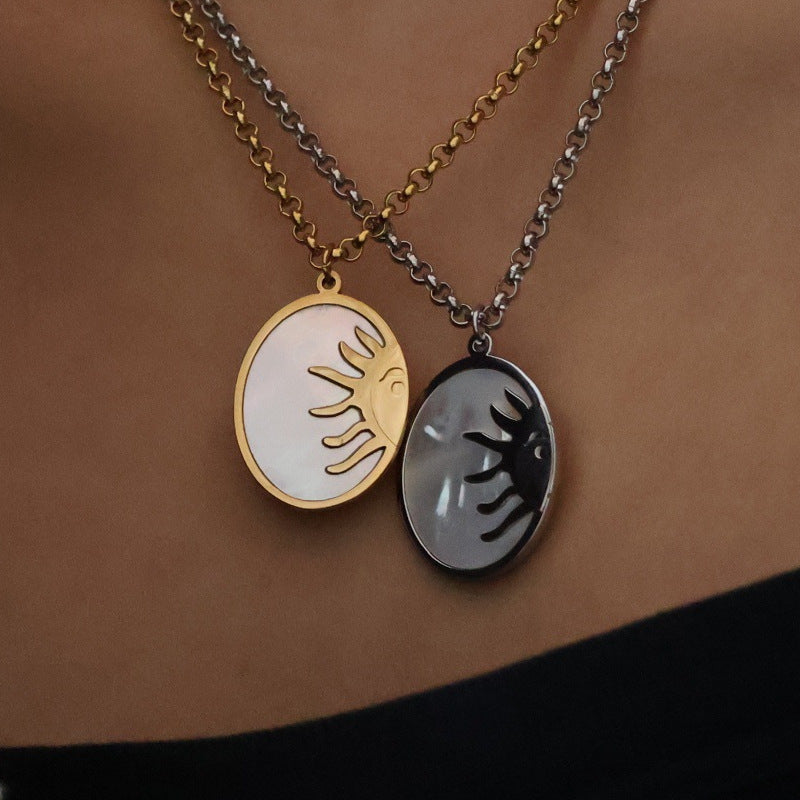 Wholesale Titanium Steel Oval Sun Necklace Natural Shell Inlaid Pendant Necklaces
