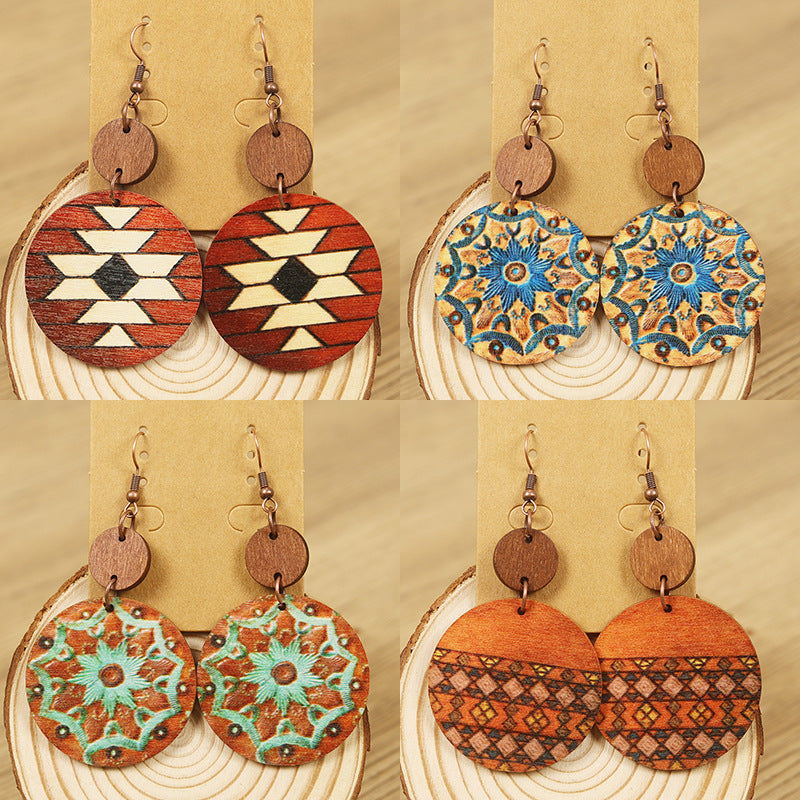 Wholesale  Bohemian Style  Flower Pattern Wooden Disc Splicing Women's Wooden Earrings