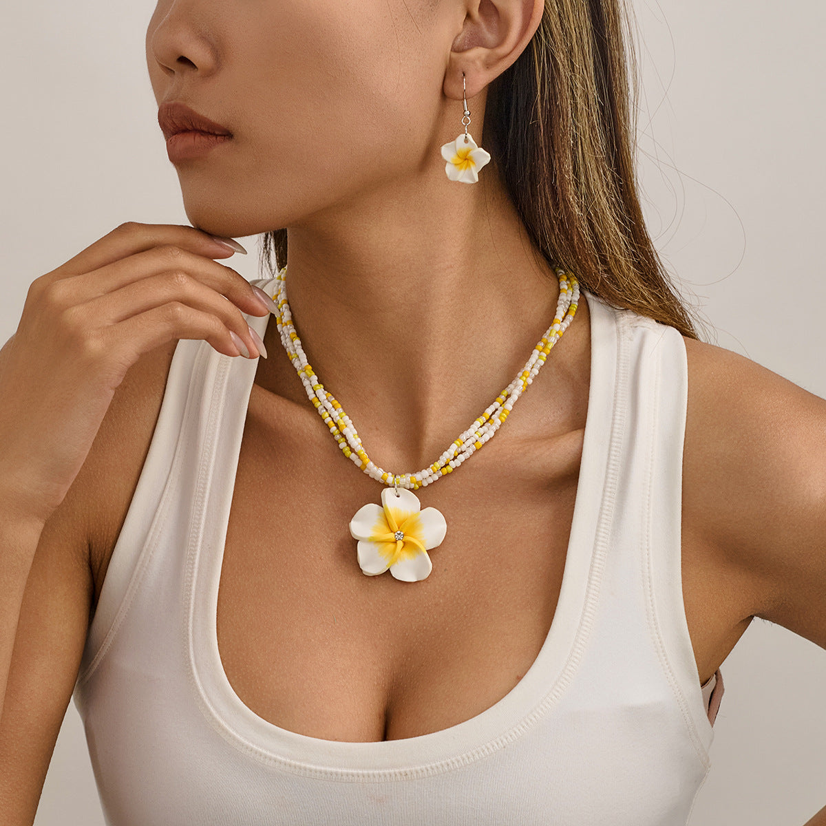 Wholesale Handmade Bohemian Soft Clay Flower Jewelry Set With Seed Beads Earrings And Necklace Vacation Fashion Accessory