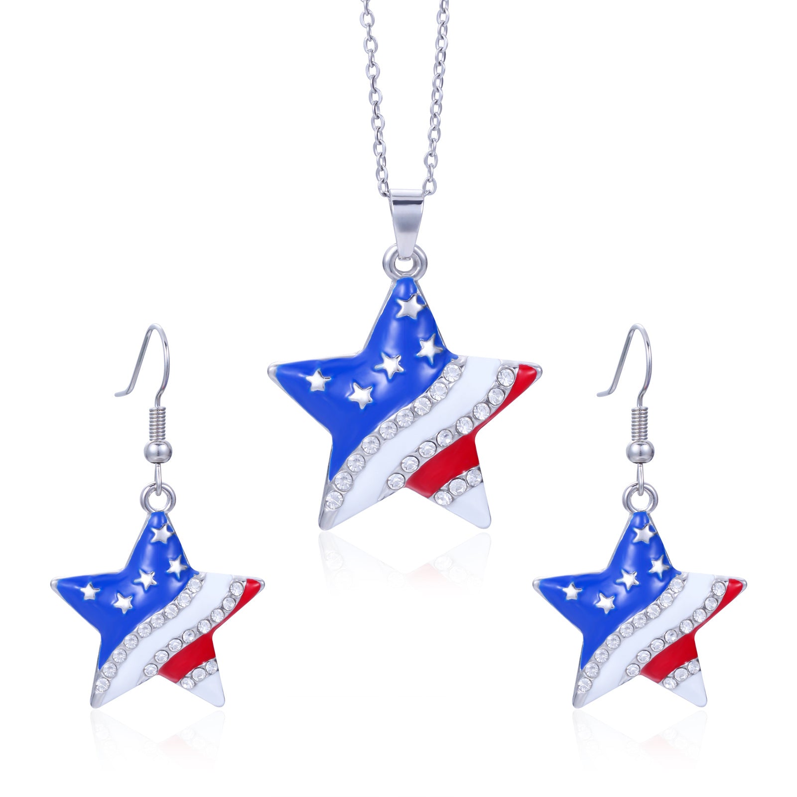 Wholesale American Independence Day Alloy Diamond Flag Stripe Earrings Necklace Set ACC-ES-BinLi001