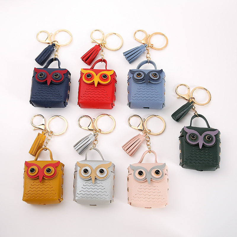 Wholesale Trendy Silver Owl Artificial Leather Earphone Pouch Keychain Bag Charm For Keys Gift Resale