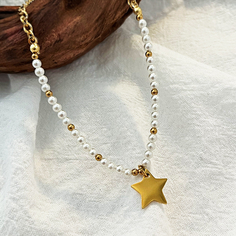 Wholesale stainless steel pearl beaded five-pointed star pendant necklace