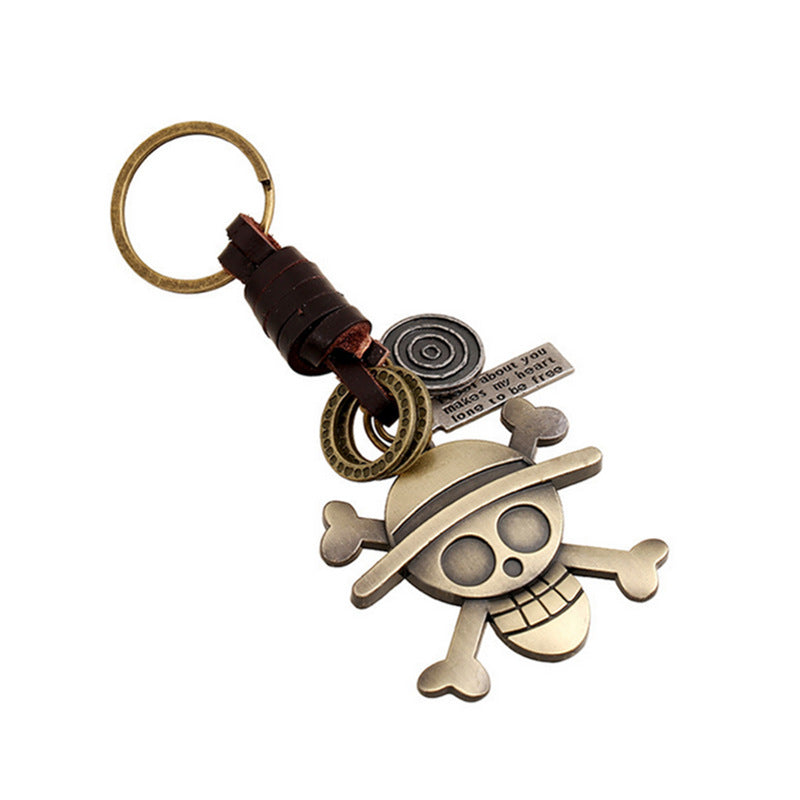 Wholesale  vintage woven alloy skull genuine leather keychain