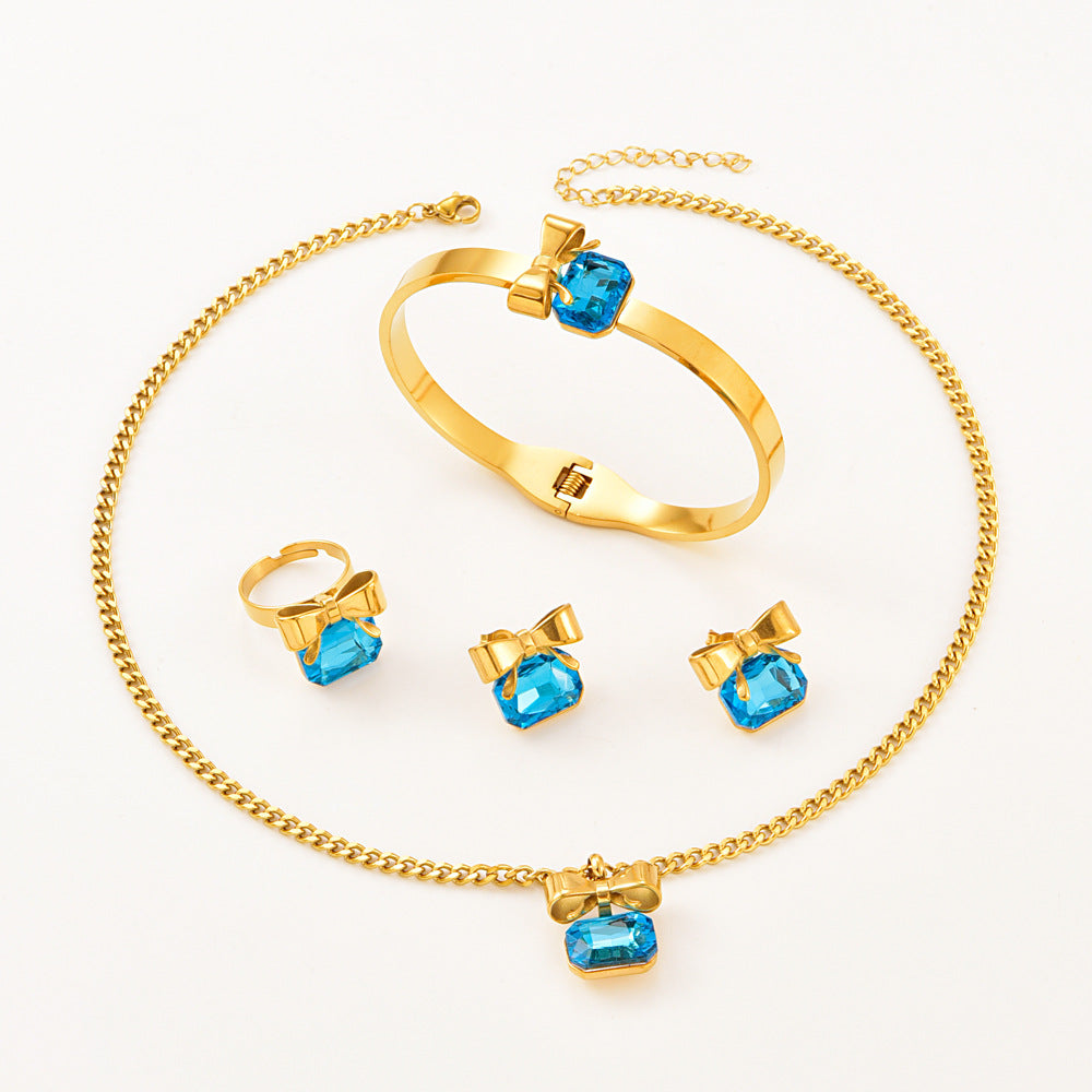 Wholesale Stainless Steel Bow Rhinestone Necklace,  Bracelet,  Earrings,  and Ring Set