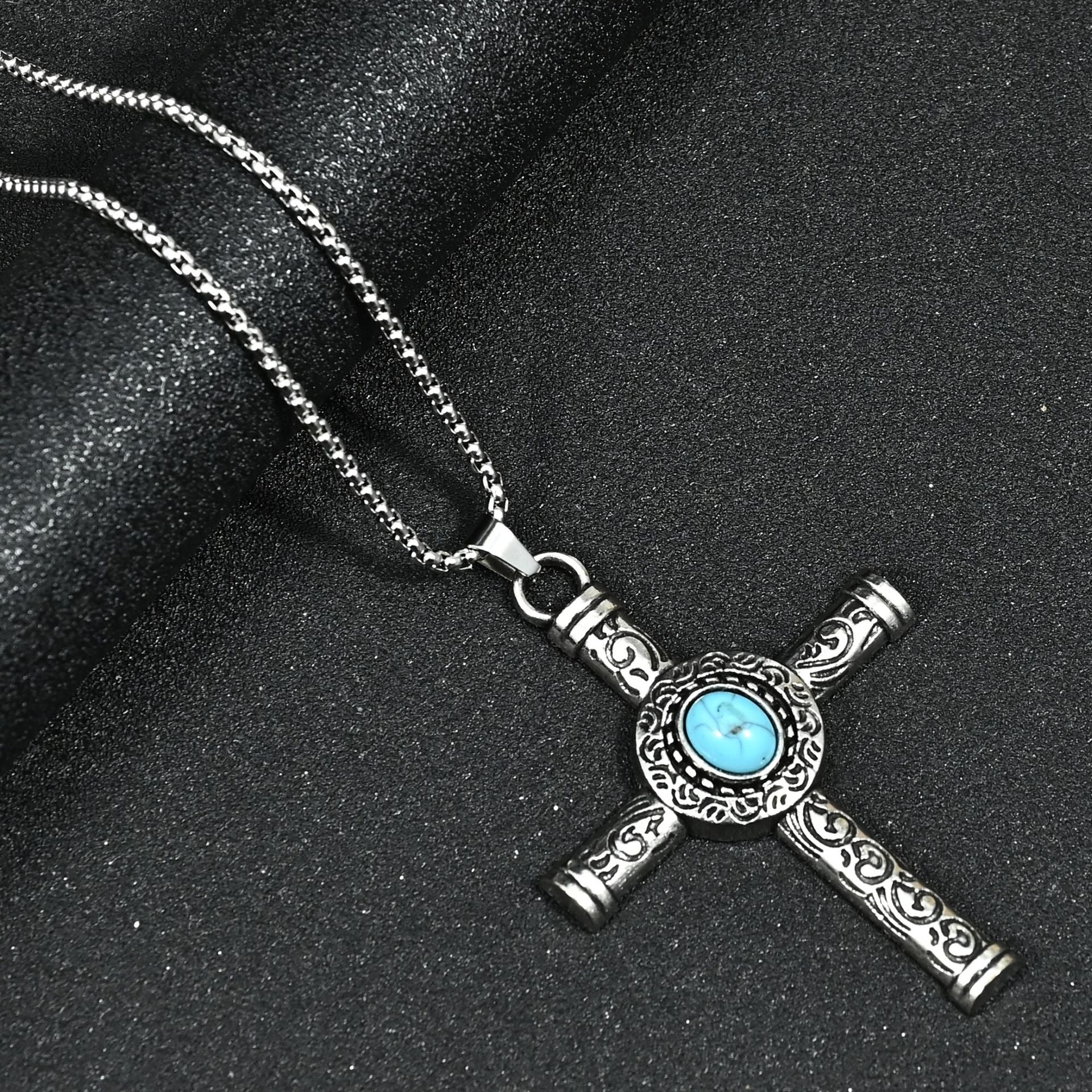 Wholesale Gothic Style Turquoise Cross Pendant Necklace Men S Long Chain Zinc Alloy Fashion Jewelry Accessory