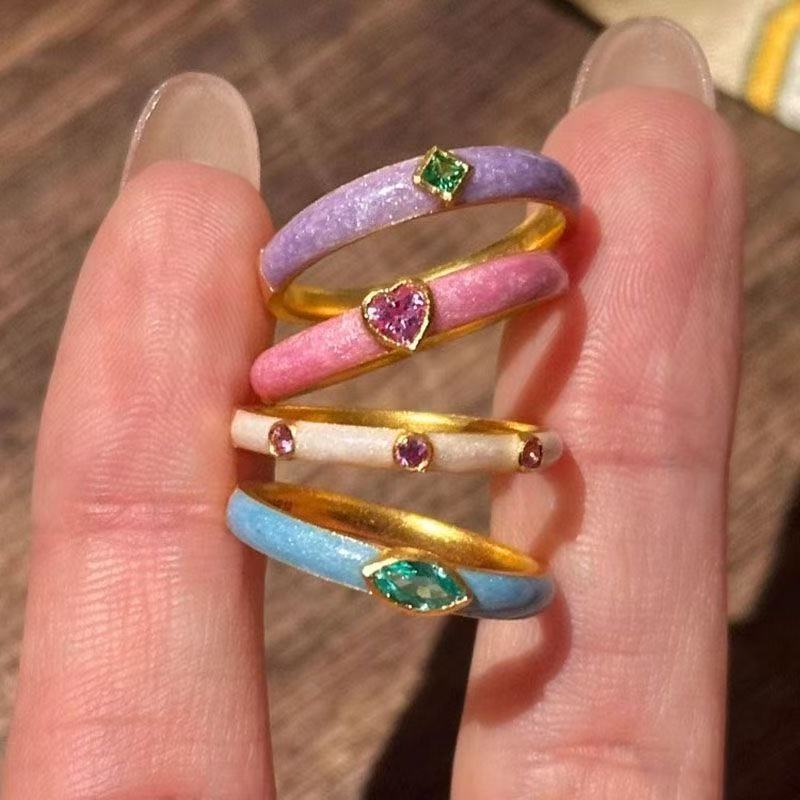 Wholesale Macaron-Colored Dopamine Retro Zircon Enamel Ring French Style Stackable Index Finger Ring for Women