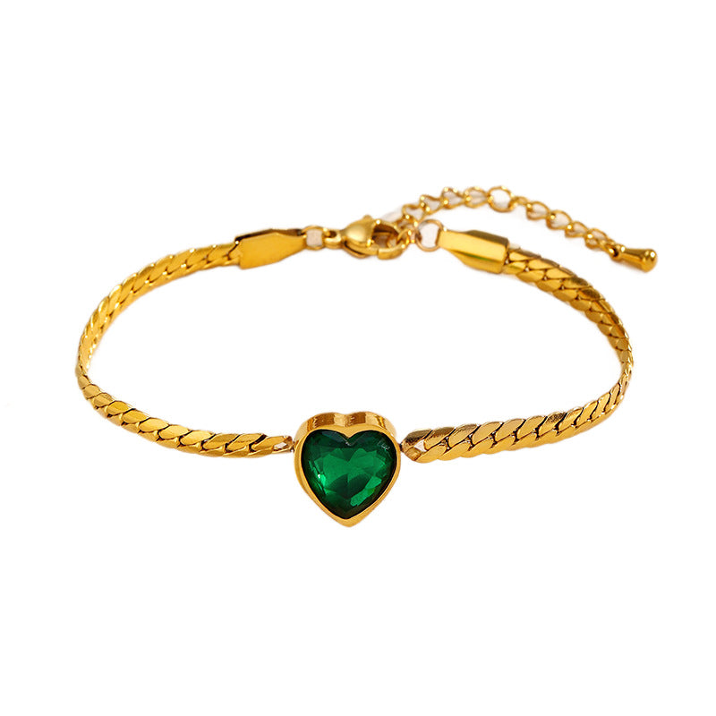 Wholesale heart-shaped green zircon  stainless steel bracelet