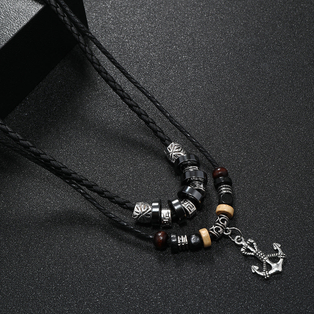 Wholesale Stylish Multilayer Beaded Leather Necklace With Anchor Pendant Retro Ethnic Men S Fashion Accessory