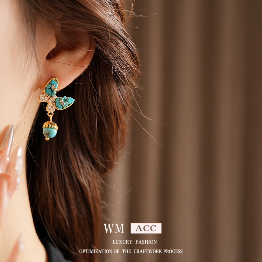 Wholesale Gold Plated Turquoise Butterfly Earrings Vintage Ethnic Style Fashion Accessory